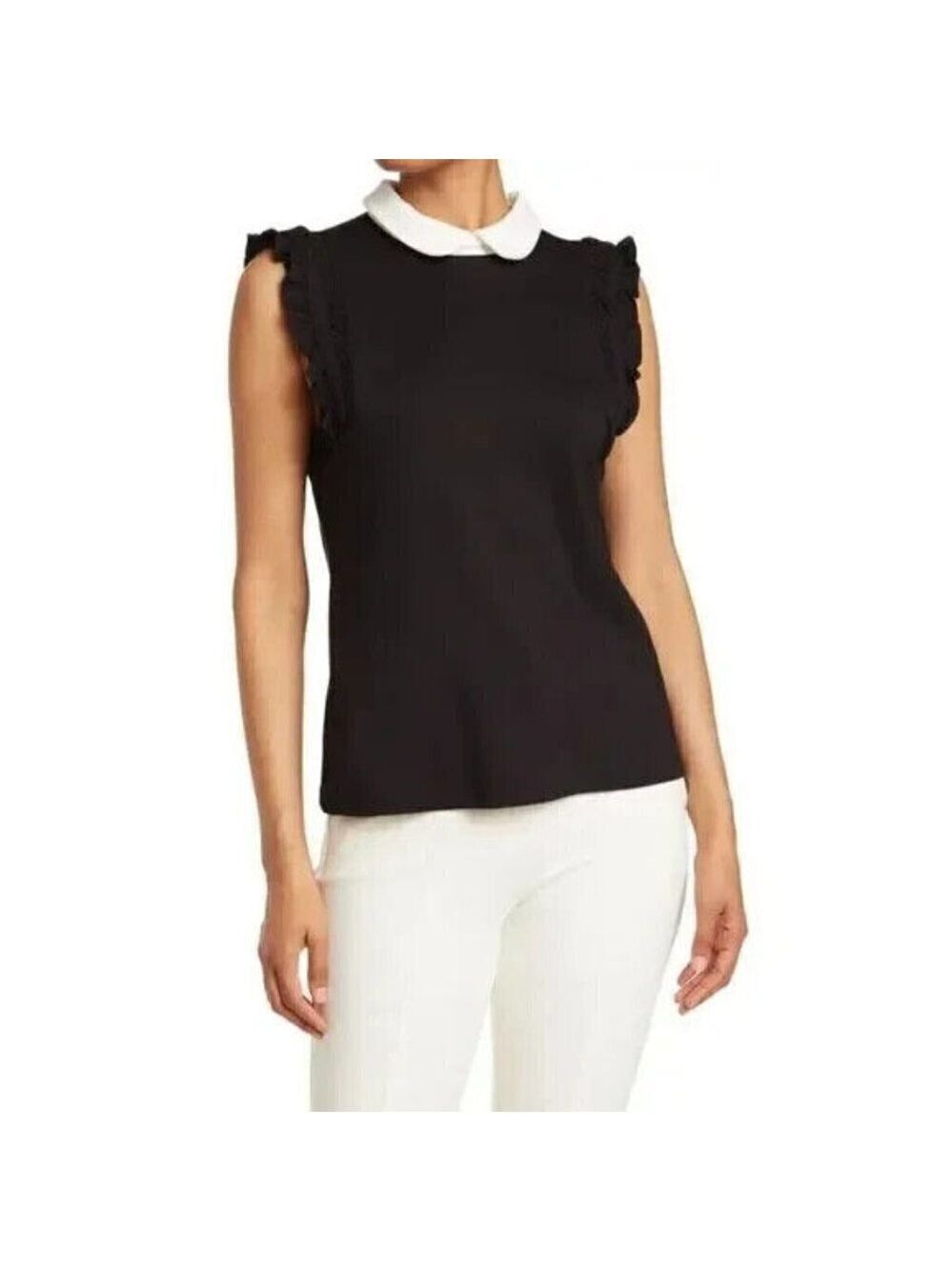 CECE women black ruffle shoulder tank top sz Small peter pan collar